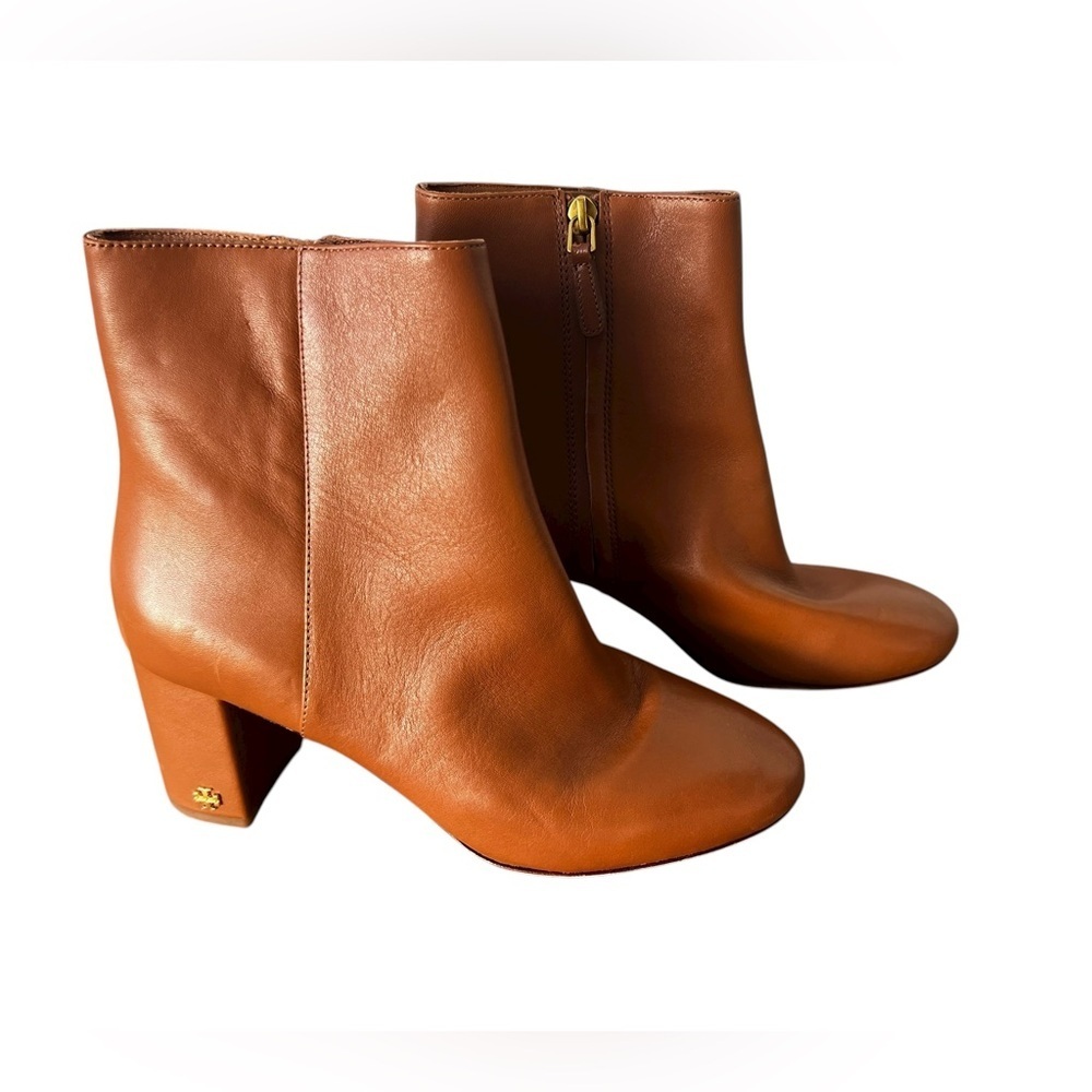 TORY BURCH BROOKE ROUND TOE LEATHER BOOTIE Womens 8.5 ANKLE BOOTS BROWN TAN